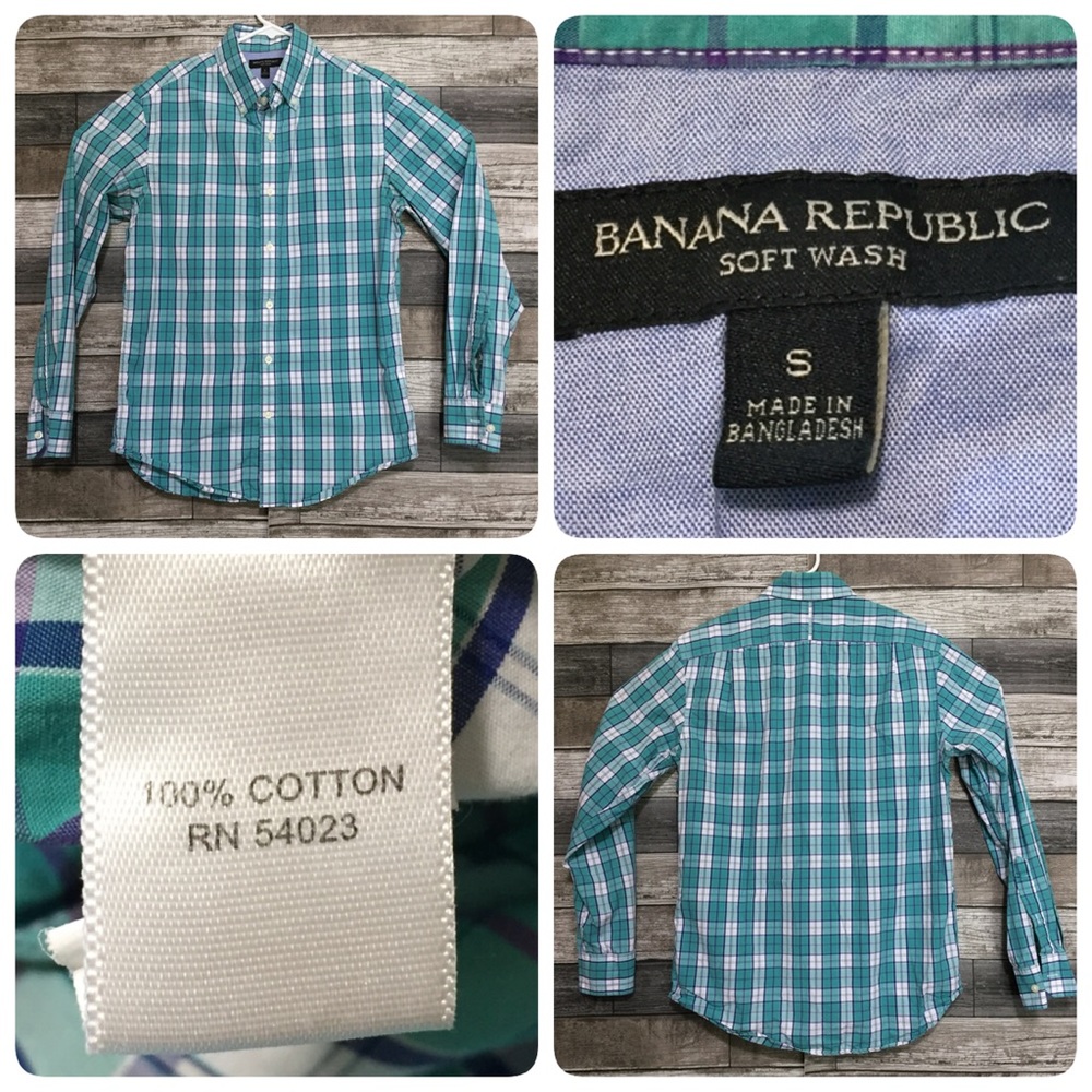 Banana Republic Soft Wash Plaid Button Shirt Men’s S Teal White 100% Cotton